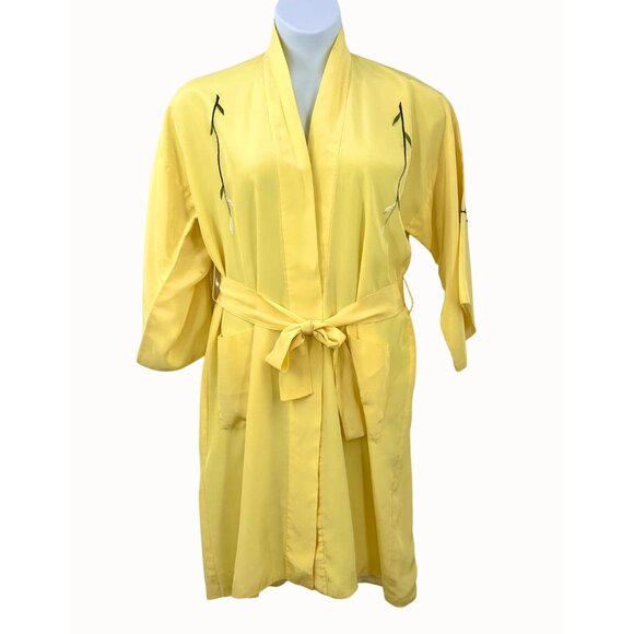 GORGEOUS VINTAGE BRIGHT YELLOW FLORAL EMBROIDERED KIMONO ROBE W/ BELT FROM JAPAN - Picture 3 of 8